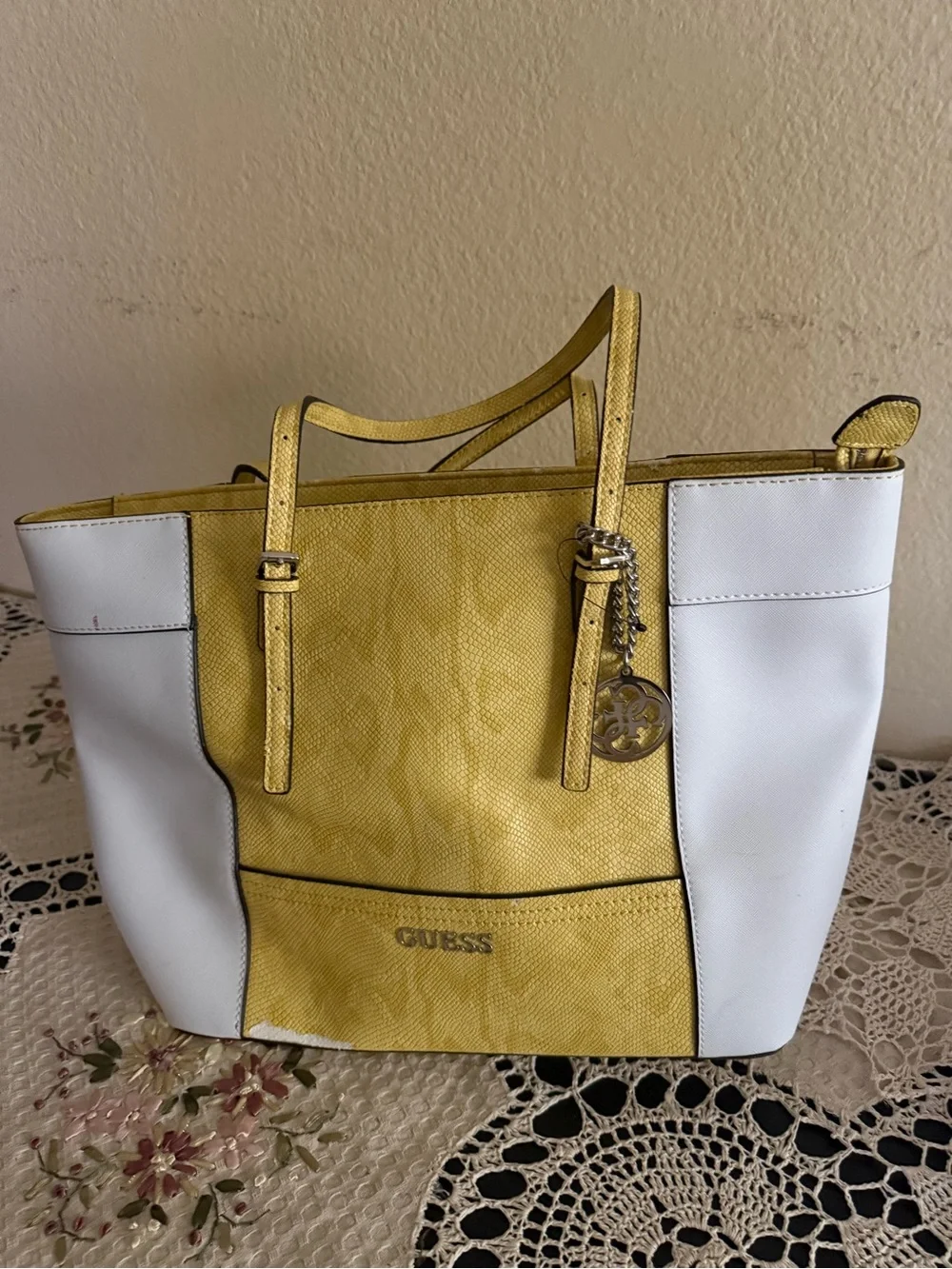 GUESS Yellow and White Colorblock Tote with Charm